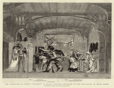 La produzione del Falstaff di Verdi a Milano, Falstaff nascosto nel cesto della biancheria a casa di Ford da Ettore Tito